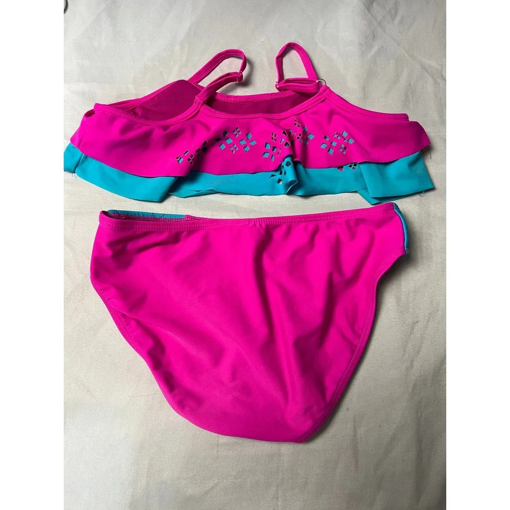 Total Tropics Girls Pink Turquoise Laser Cut Ruffle Bikini Swimsuit Set Size 12